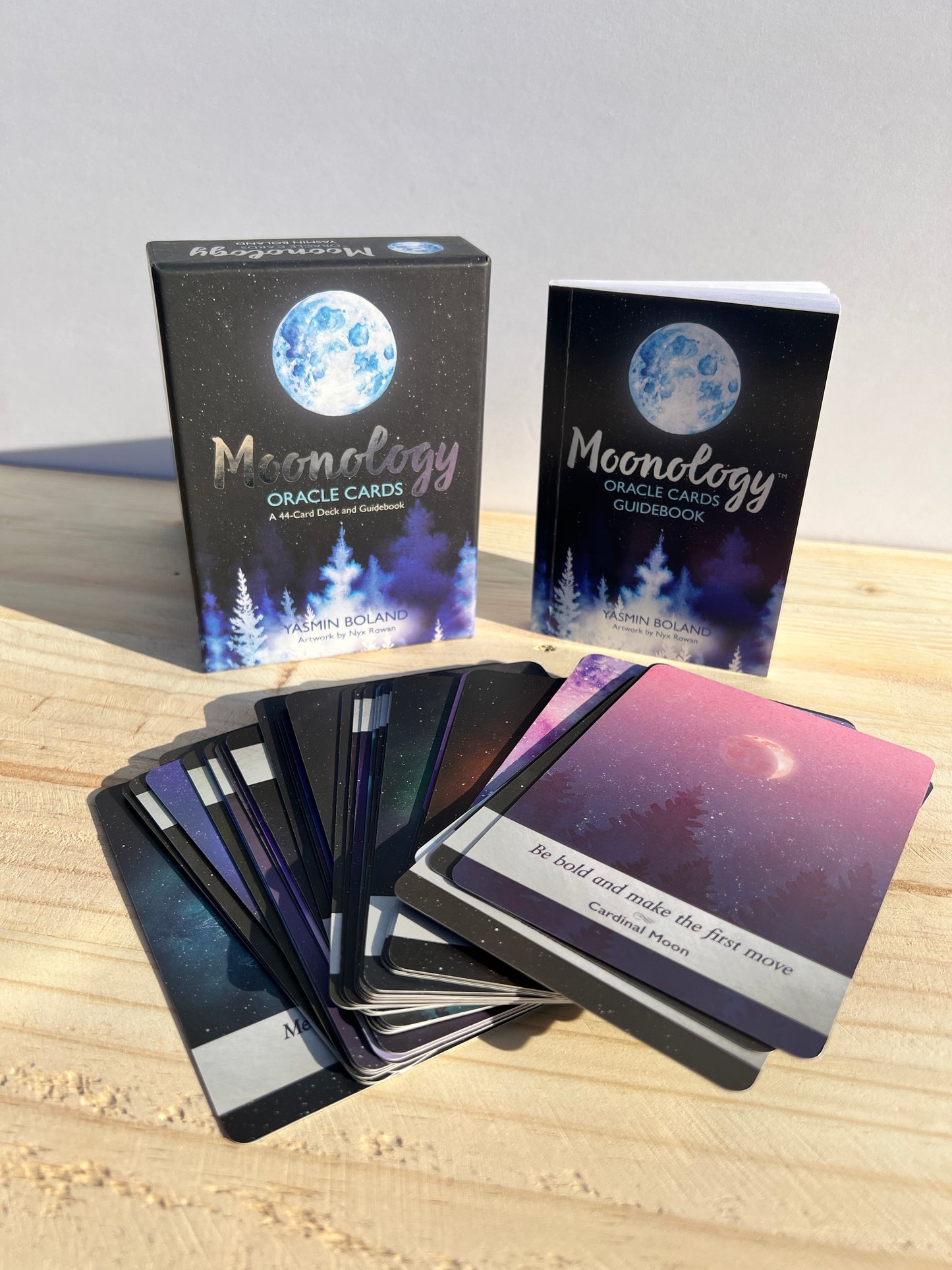 Moonology oracle cards, guidebook, and box.