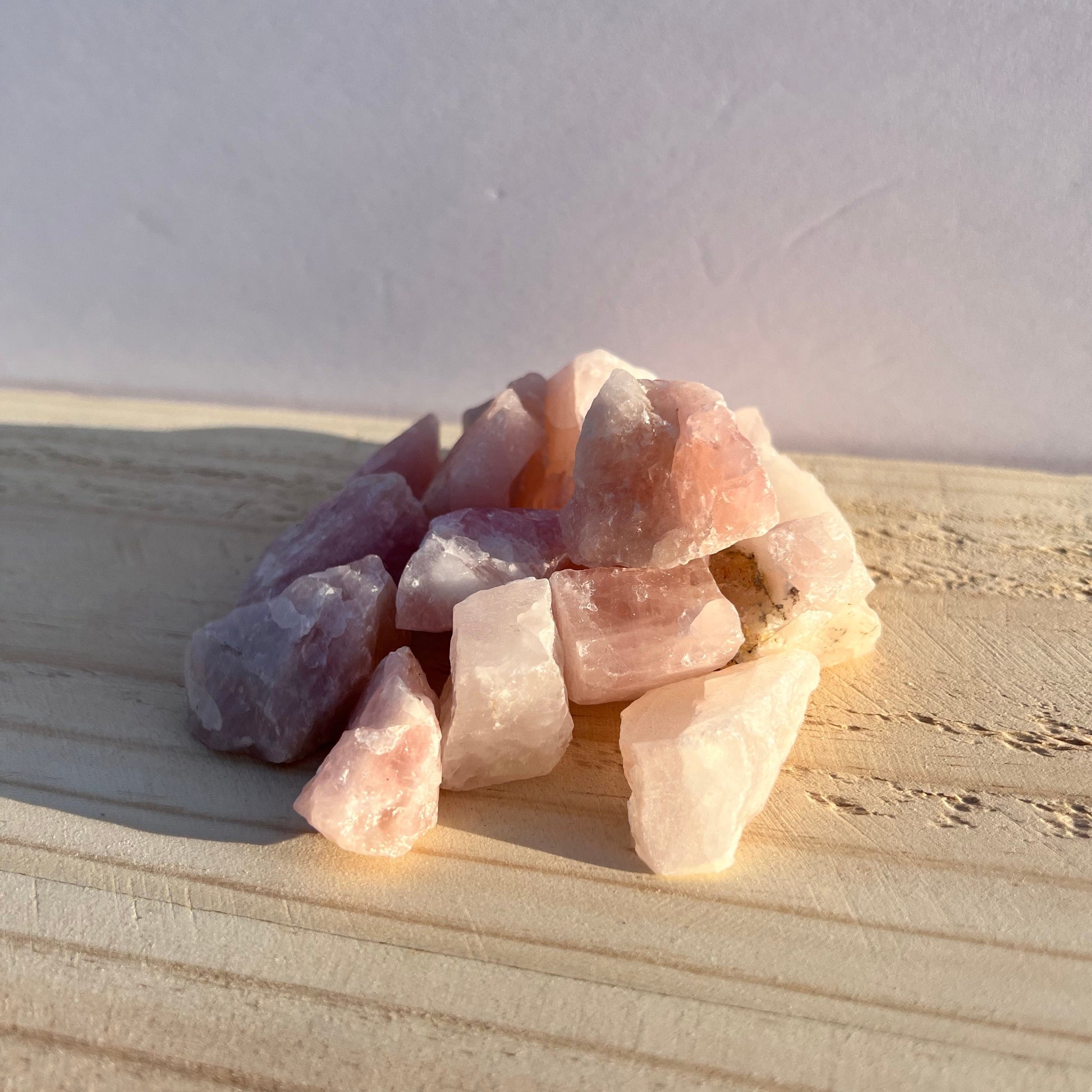Pile of raw rose quartz.