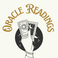 Oracle Readings cover featuring a hand holding 2 cards against a black circle.