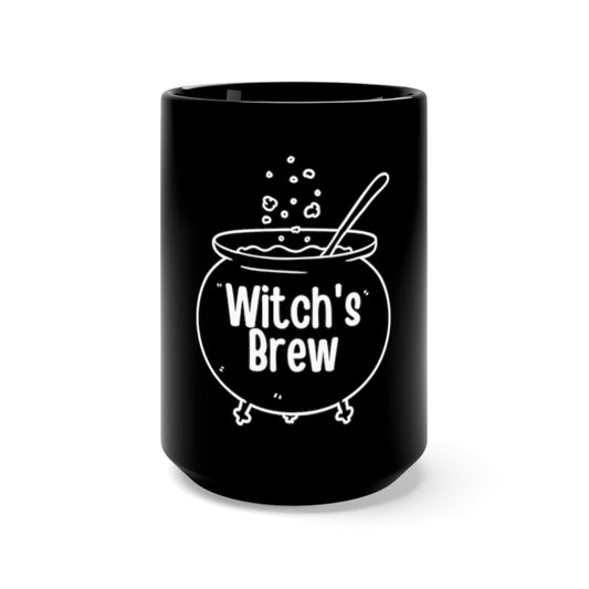 A black 15 oz. coffee mug featuring a bubbling cauldron that says "Witch's Brew" on it.